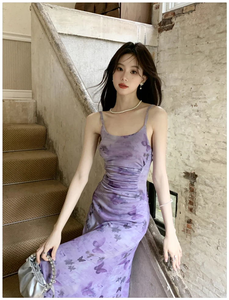 Sexy Printed Long Dresses for Women Mesh Spaghetti Strap Slim A-line Party Dress Summer Korean Fashion One Piece Vestido Mujer