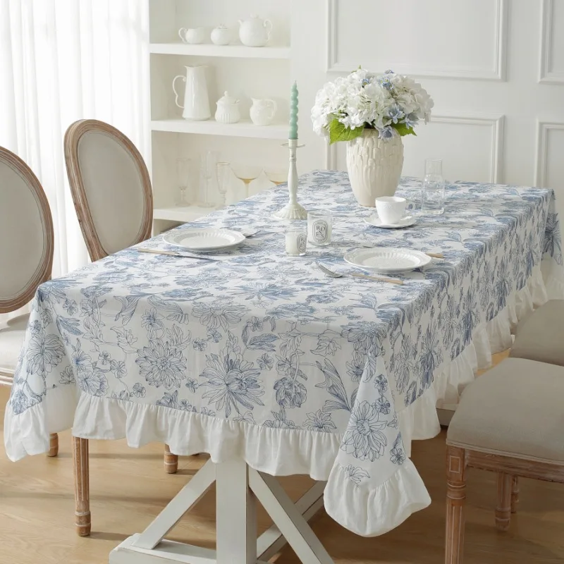 Blue Embroidered Flowers Cotton Tablecloth,Tea Table Decor,Rectangle Table Cover For Kitchen Wedding Party Festival Dining Room 2
