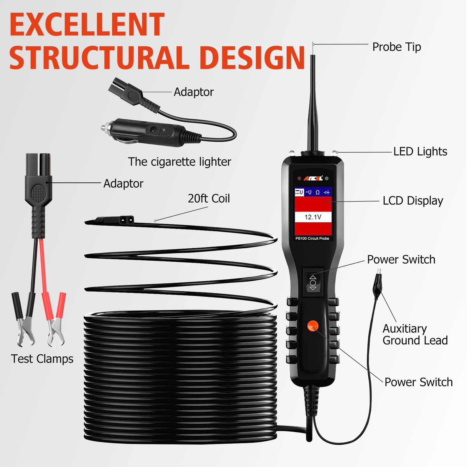 Ancel PB100 배터리 테스터 파워 프로브 자동차 진단 도구, 전류 전압 통합 파워 스캐너, 12V, 24V