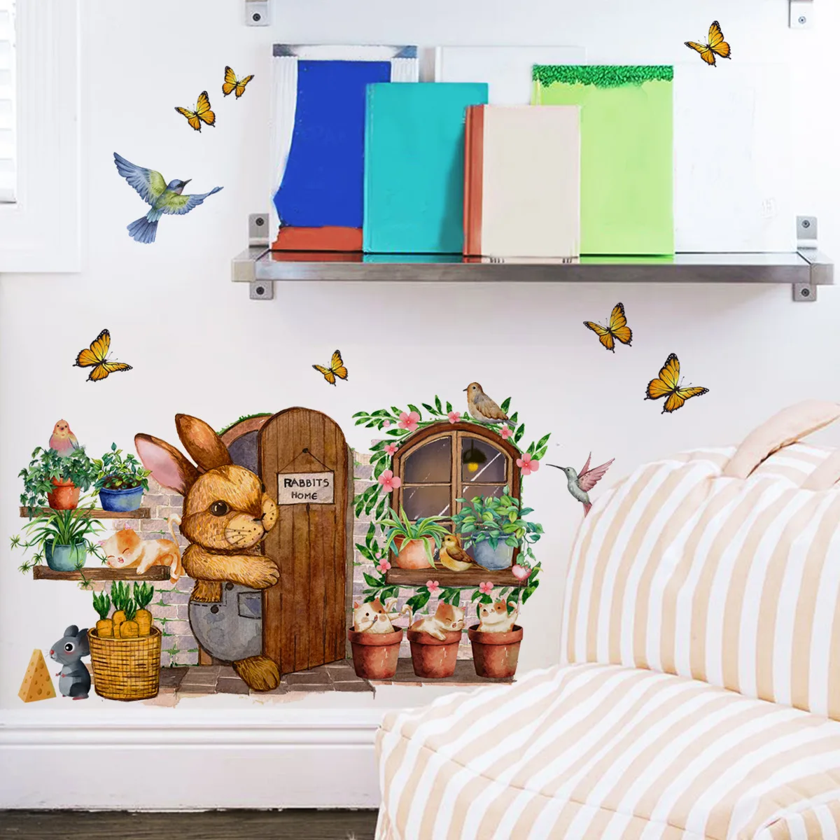 30*45cm Bunny Potted Butterfly Cartoon Animal Wall Sticker Living Room Bedroom Study Restaurant Decorative Mural Wall Sticker rabbit bookend resin animal figurines bunny book ends rabbit statue decorative bookends for shelf living room cabinet ornaments