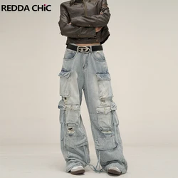 REDDACHiC Cargo Pockets Ripped Baggy Jeans for Women Trousers Vintage Wash Destroyed Torn Y2k Wide Pants Oversize Loose Workwear