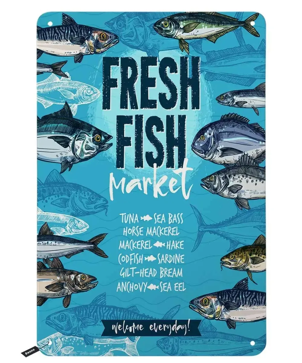

Fresh Fish Market Tin Signs,Blue Vintage Metal Tin Sign for Men Women,Wall Decor for Bars,Restaurants,Cafes Pubs,12x8 Inch