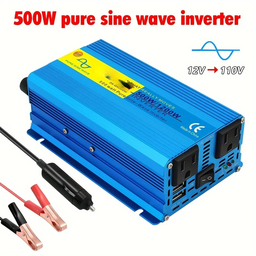 

Powerful 500W/1200W (peak) pure sine wave inverter for 12V to 110V AC conversion, including a 3.1A USB car adapter and cigarette