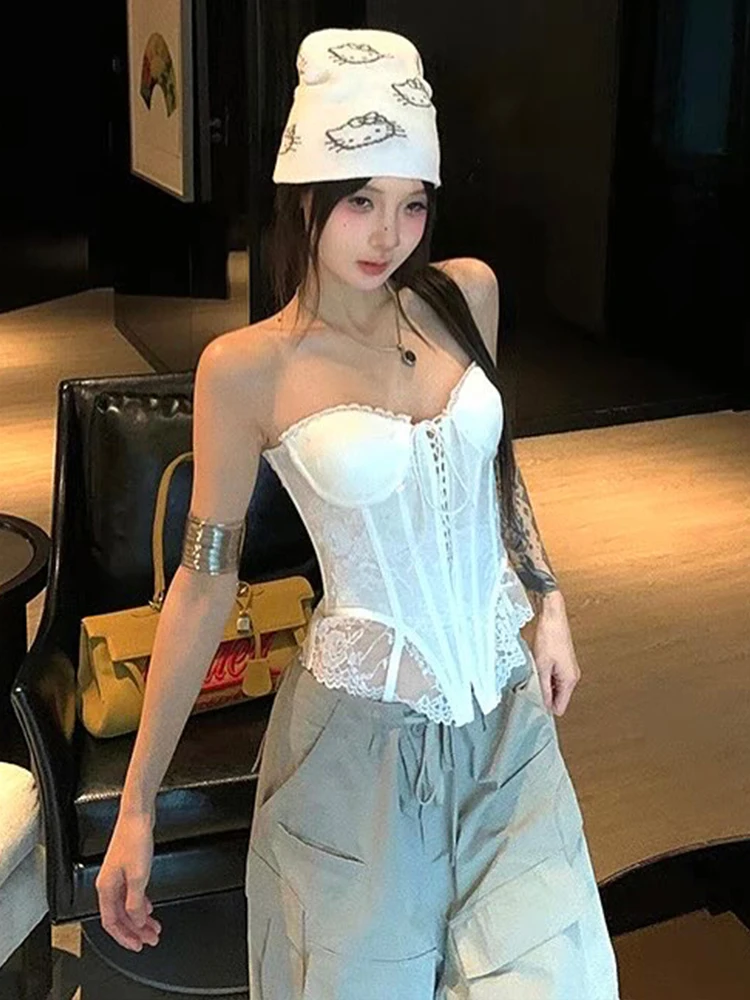 Nibber Lace-Up Fishbone Corset Tops Women Patchwork Lace Sleeveless Backless Skinny Summer Trend Wavy Hem Midnight Street Tops