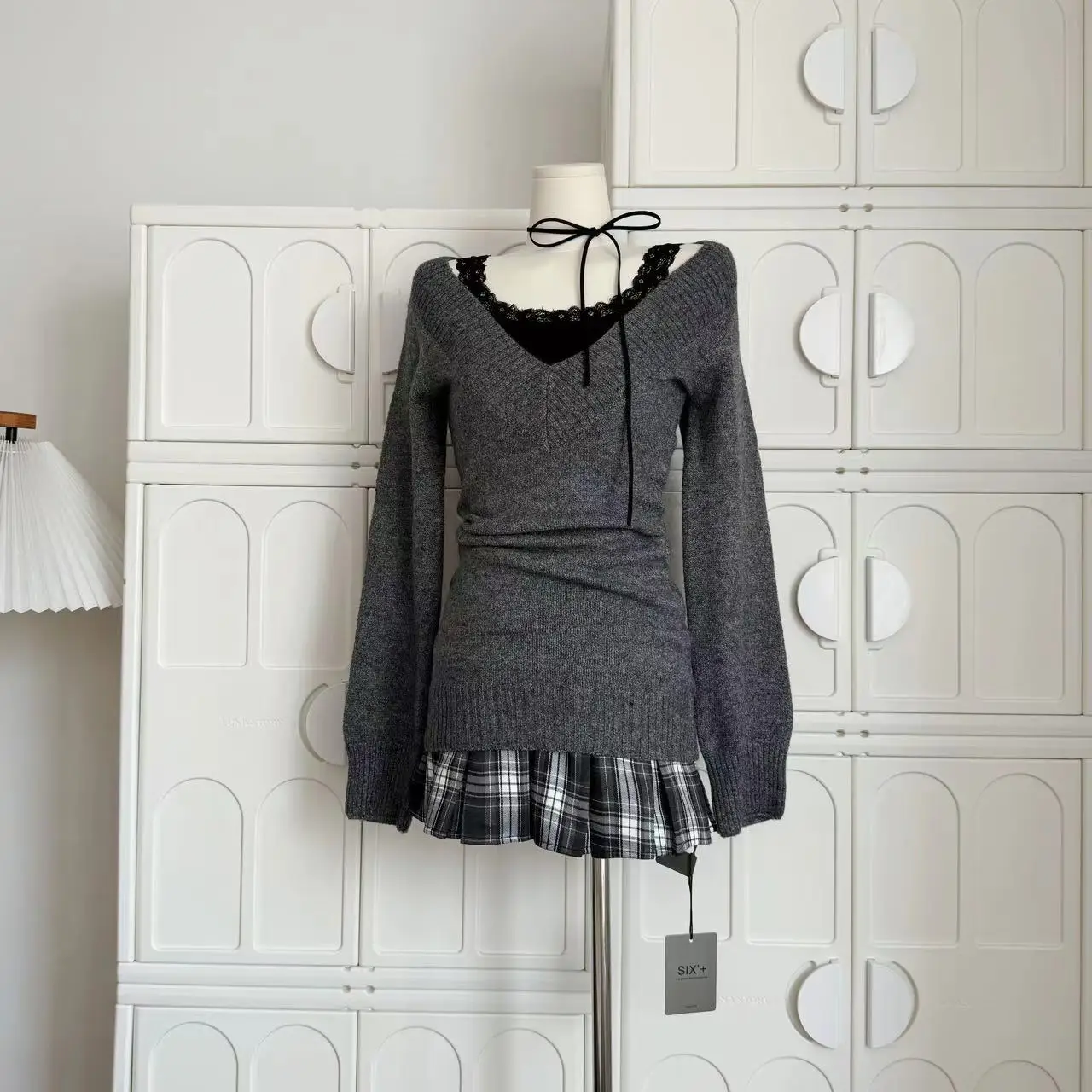 Autumn Winter Woman Gyaru V-neck French Vintage Sweater Long Sleeve Pullover Knitwear Mini Skirt 2000s Aesthetic 3-piece Outfits