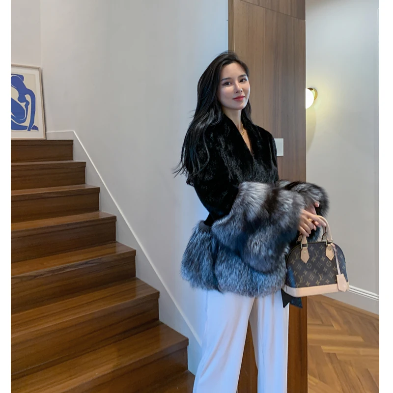 HDHOHR 2024 Winter New Real Fur Coats Women Natural Mink Fur Coats With Real Fox fur Warm Short Mink Fur Jackets For Female