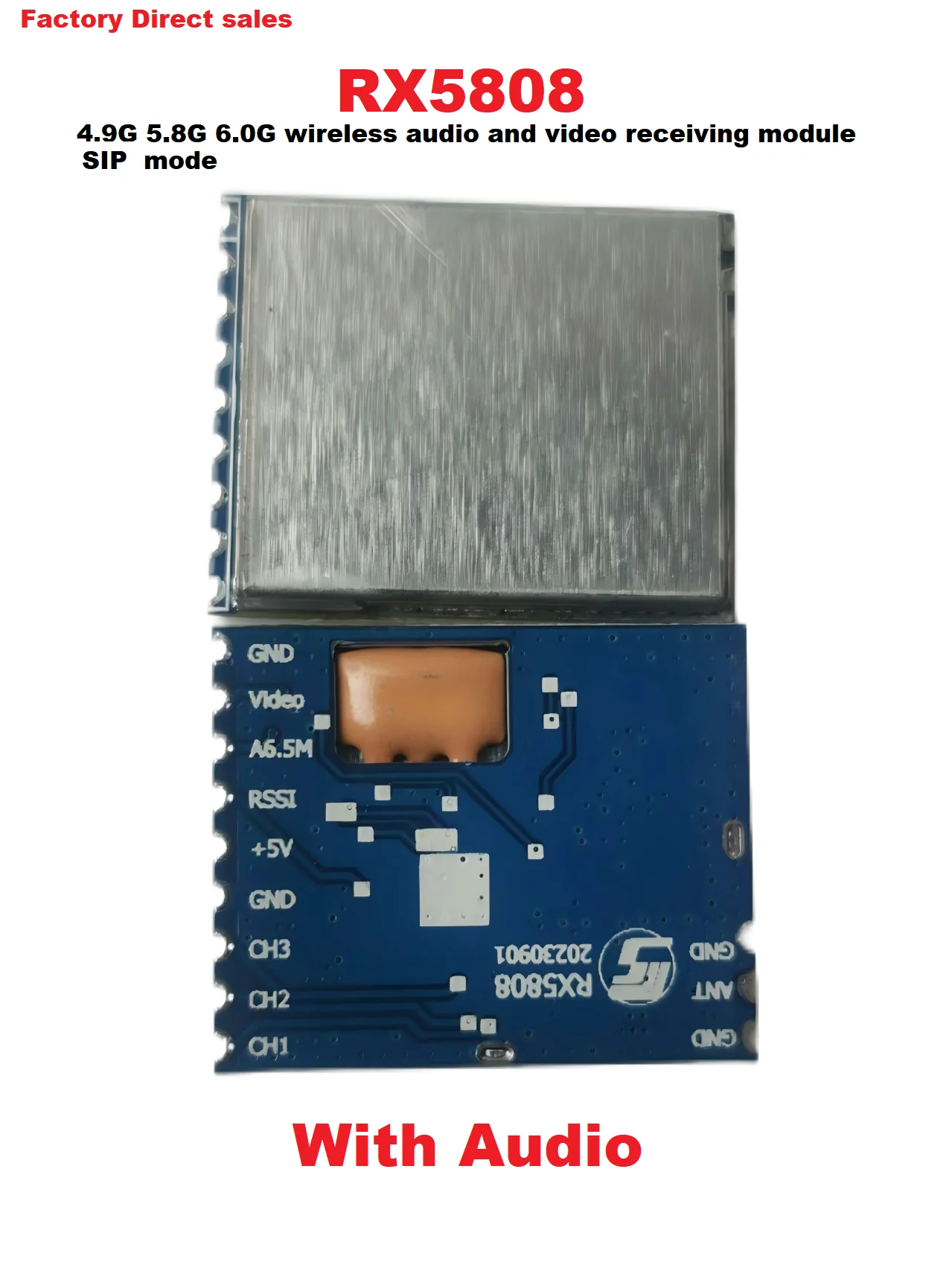 Gros plan sur le module récepteur 5.8G RX5808 FPV, montrant les ports d'entrée et la connectique pour réception audio vidéo.
