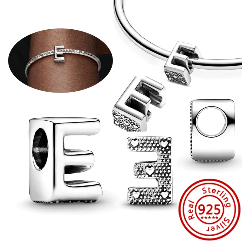 100% 925 Sterling Silver 26 Letter A~Z Alphabet DIY Name Beads Fit Original Pandora Charm Bracelet Bangles