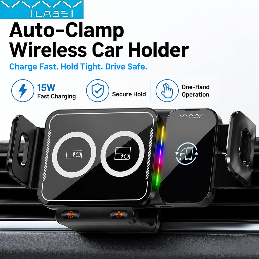 Vyvylabs Wireless Auto-Clamp Car Phone Holder with 15W Fast Charging