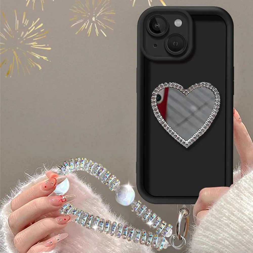 Love Heart Makeup Mirror Phone Case with Diamond Bracelet and Soft Cover