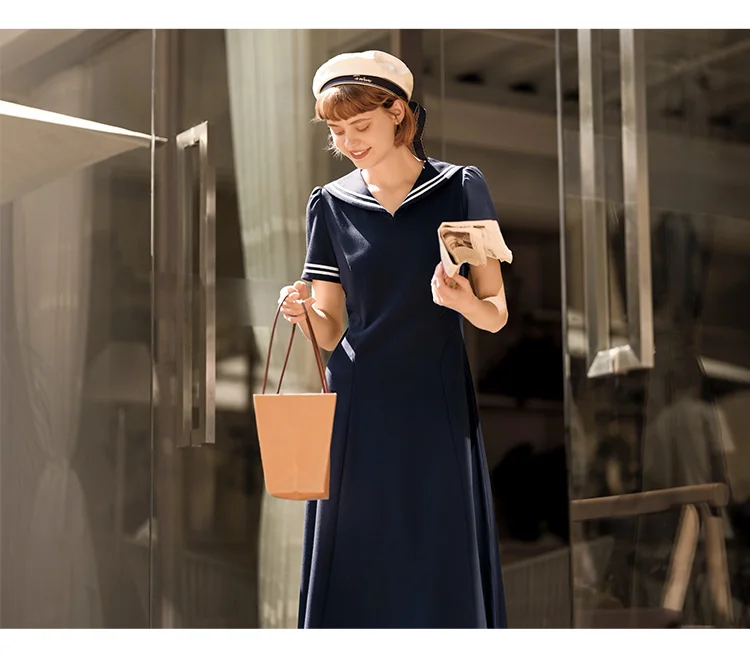 Dress Women Navy Collar With A Collegiate And Artistic Style Summer New White Moonlight Waist-Cinched Long Dress