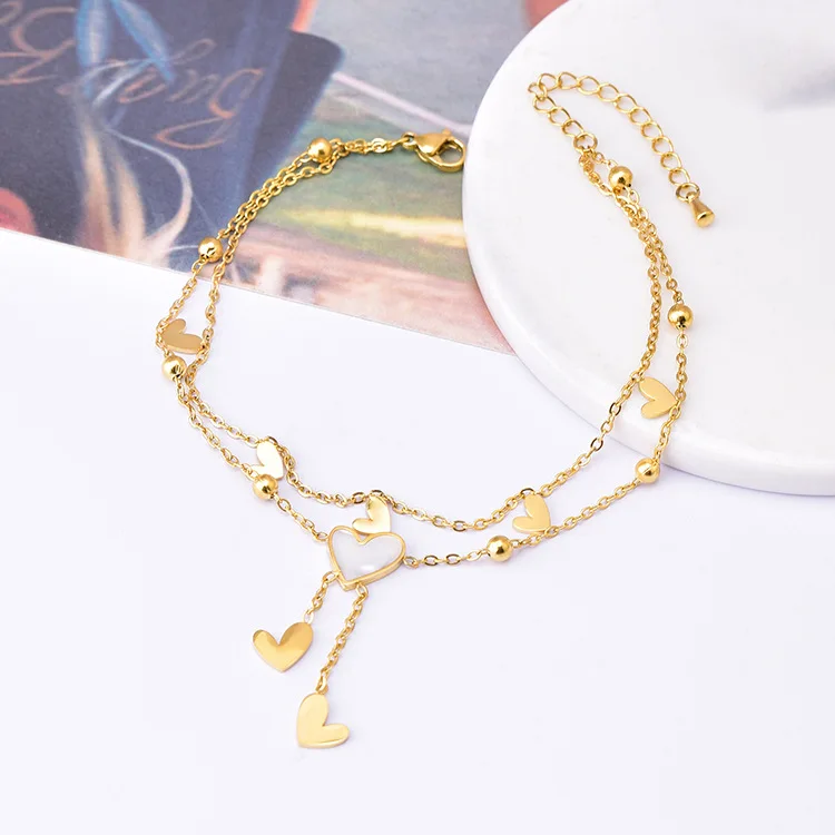 ANENJERY 316L Stainless Steel Double Layer Heart Tassel Ankle Bracelet  for Women Fashion Simple Beach Anklet Jewelry Accessory