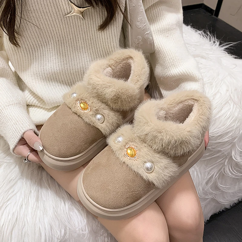 Furry Women Shoes 2023 New Diamond Design Women's Boots Winter Plush Warm Snow Boots Non-slip Thick Bottom Ladies Cotton Shoes