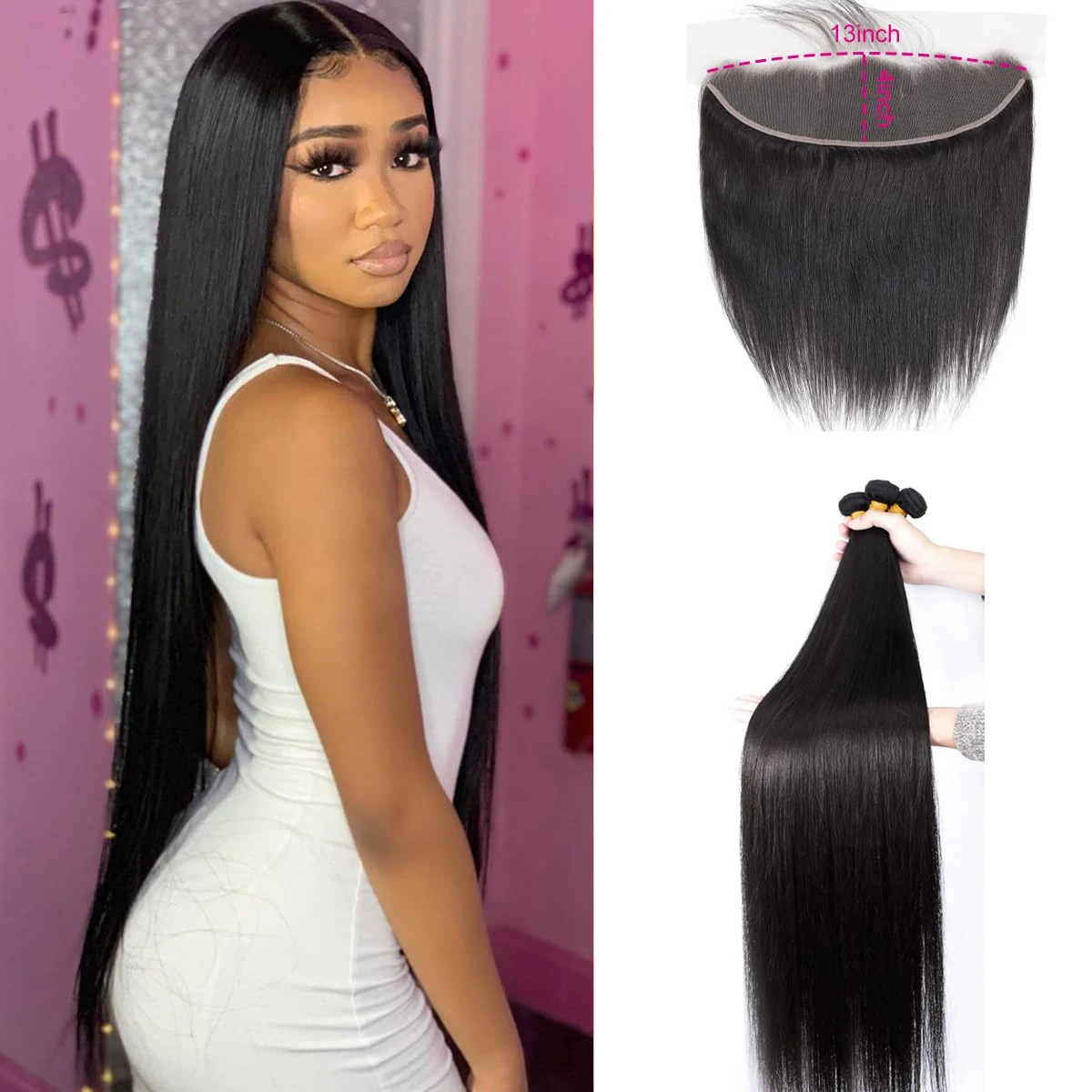 

Straight 3 Bundles with 13x4 Transparent HD Lace Frontal Closure Human Hair Double Weft Bundles Natural Black Hair Extensions 1B