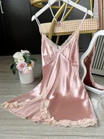 Women's Satin V-Neck Lace Trim Chemise 1-Pc Sexy Mini Nightdress - Image 4