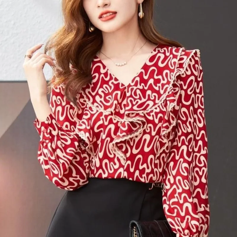 V-neck Floral Ruffled Chiffon Shirt Top 2024 Women's Spring Clothing New Fashion Versatile Belly Covering Long Sleeved Shirt breathable arab shemagh neckwrap plaids arabian head scarf desert neck covering