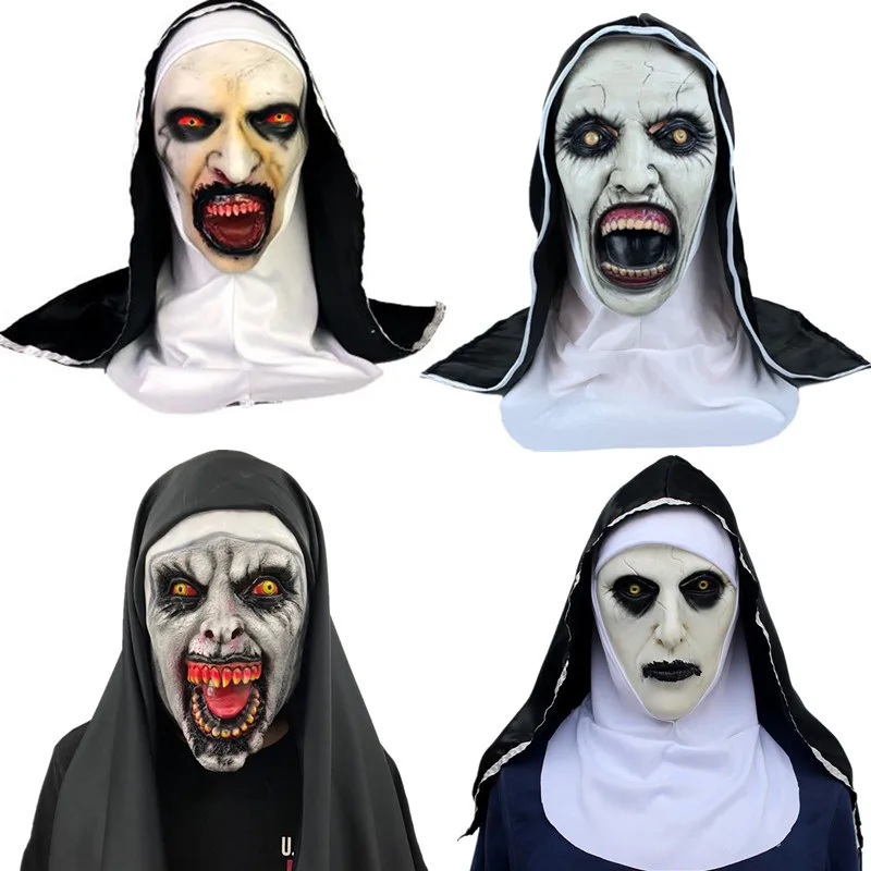 

Terror The Nun Latex Mask with Face Masks Crucifix Headscarf Scary Thriller Cosplay Horror Mascara Cross Masquerade Party Props