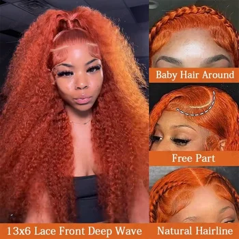 Deep Wave 13x6 HD Lace Frontal Wig 200 Density Human Hair #350 Colored Wigs Water Wave 13x4 Lace Front Ginger Orange Curly Wigs 1