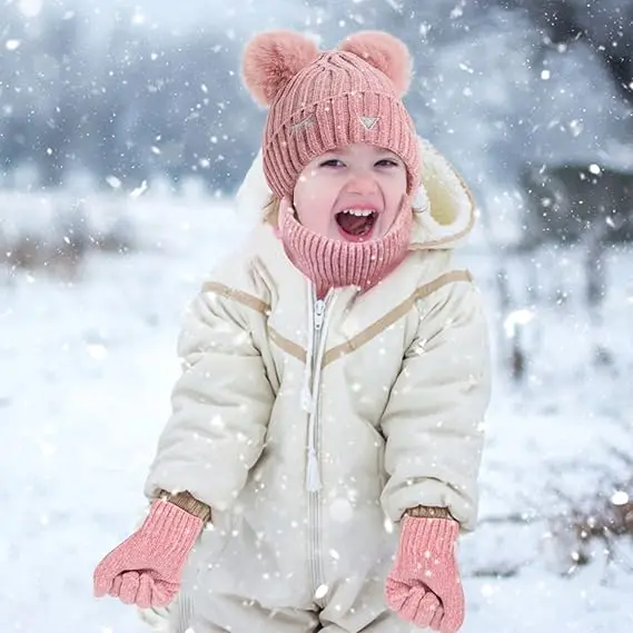 3 Pack Kids Hat Scarf Gloves Sets Winter Warm Pom Beanie Hat Fleece Lined Neck Warmer for Girls Boys 2-6
