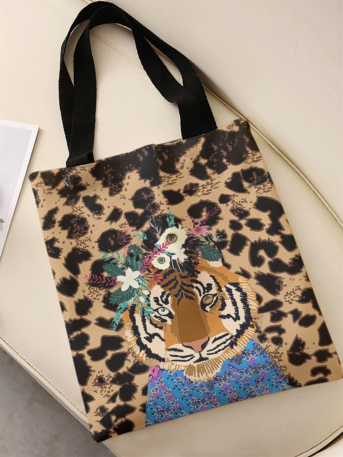Leopard tiger print casual handbag, reusable fashionable backpack, multifunctional handbag, canvas shopping bag
