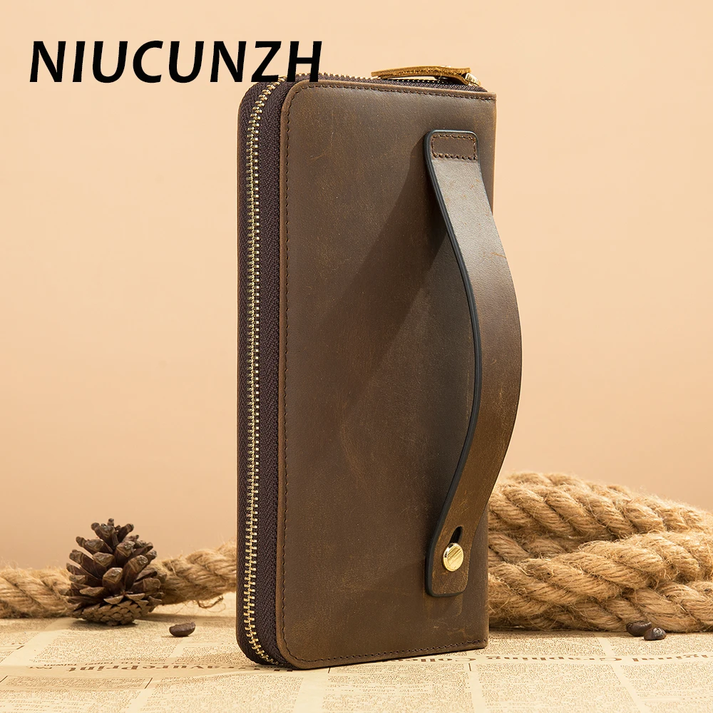 

NIUCUNZH Crazy Horse Leather Wallet ID Credit Bank Card Holder Male Business Casual Long Wallets Men Brand Purse Men's Wallet