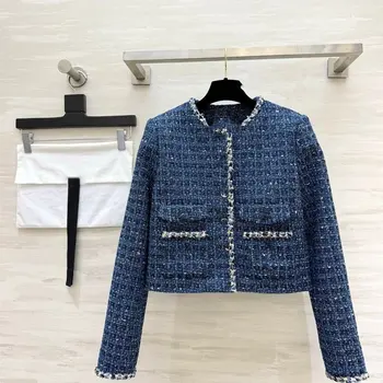 Nouvelle veste courte en tweed vintage pour femme, col rond, coupe ajustée, simple boutonnage, collection automne 2026
