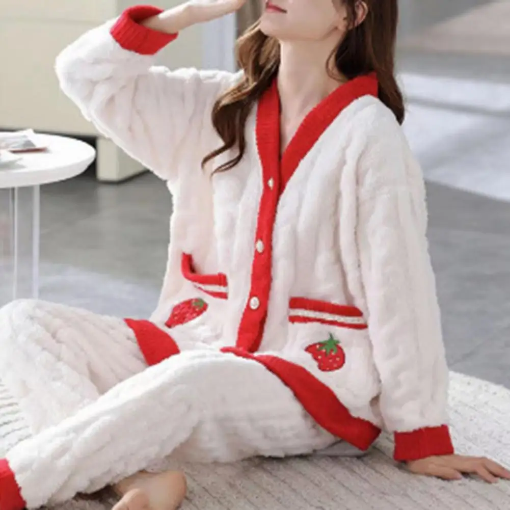 

Cozy Winter Home Wear Clothes Warm Cozy Women's Winter Pajama Set Cartoon Fruit Print Thickened Coral Fleece Single-breasted V