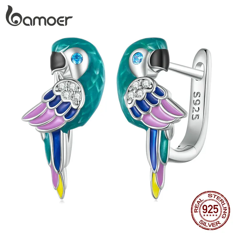 

Bamoer 925 Sterling Silver Clolorful Parrot Ear Buckles Bird Hoop Earrings for Women Platinum Plated Enamel process Fine Jewelry