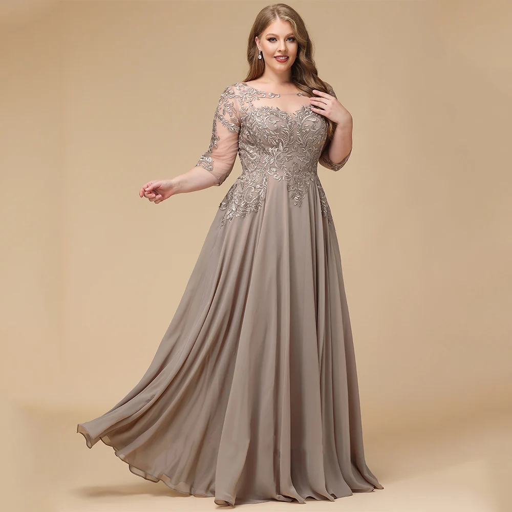 Plus Size Mother of Bride Dress 3/4 Sleeves Applique Floor Length A Line Chiffon Summer Wedding Guest Gown mother bride dresses