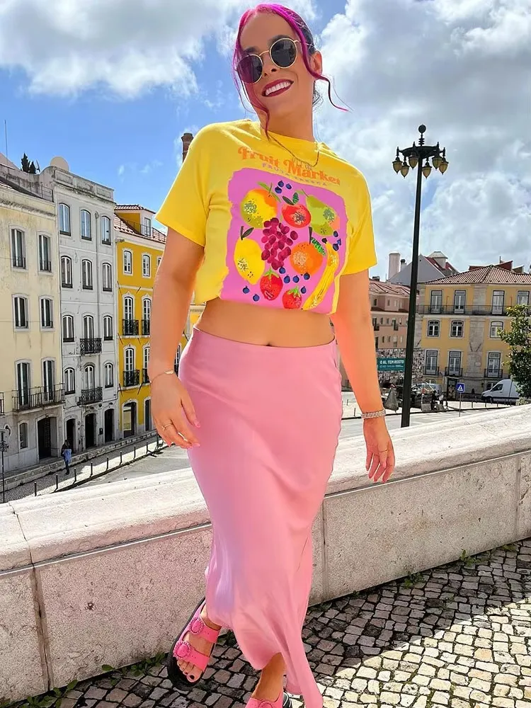 HH Skirt For Women Elegant Pink Skirts High Waist Slim Elastic Waist Satin Long Skirts 2024 Summer Casual Y2k Skirt Mujer