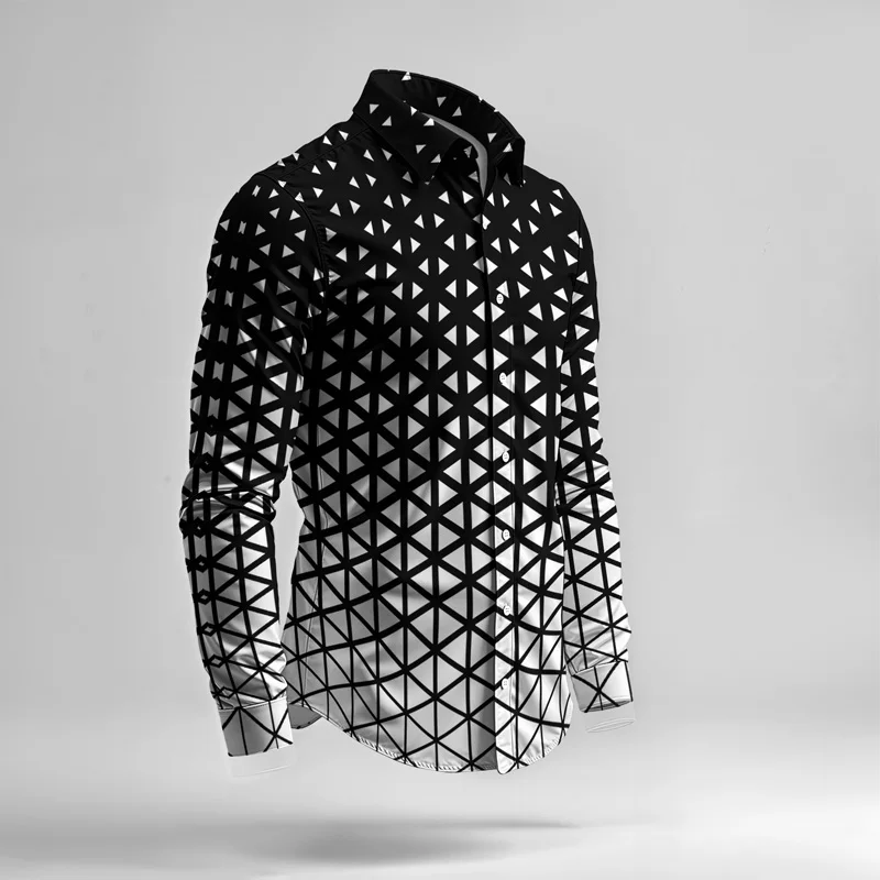 2025 New Arrival Men Shirt Set Geometry Print Summer Fashion Simple Two Piece Set Mens Gradient Lightweight Party Long Sleeves_voghion.com