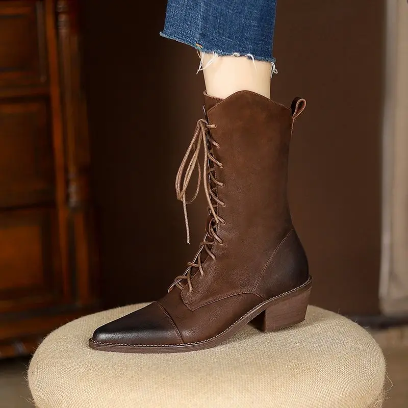 

Cross Tied Boots Pointed Toe Med Heel 5 CM Retro Botas Western Boots Cowgirls Winter Shoes Woman Cowhide Spring Autumn Botas