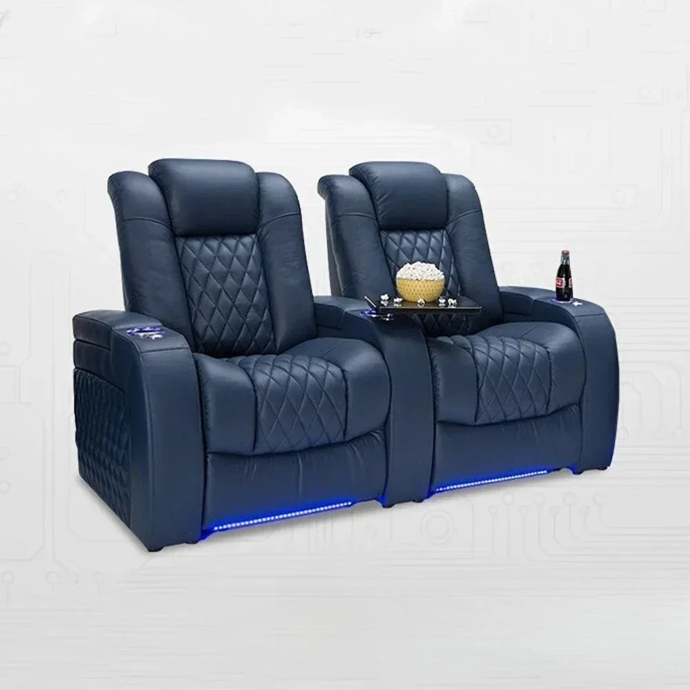 Power Reclining Home Theater Sofa – Dual Motor Genuine Leather Recliner Couch with Massage, USB, Refridgeration Cup Holders