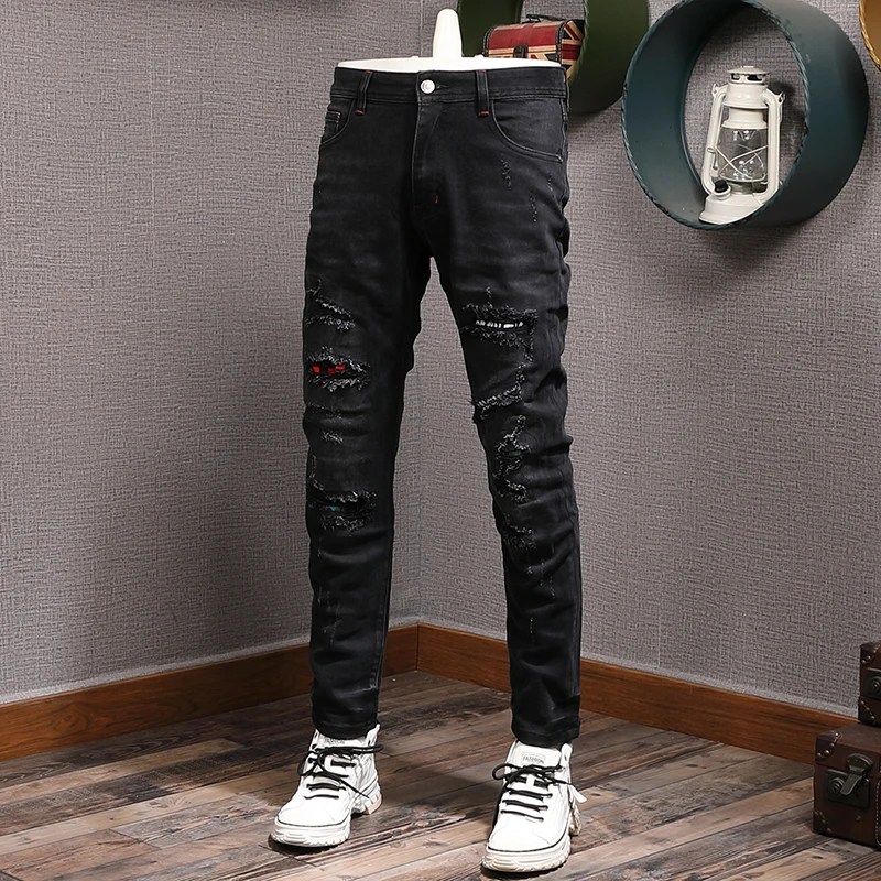 Streetwear Fashion Men Jeans Elastic Slim Fit Hole Ripped Jeans Men Vintage Black Trousers Patch Designer Hip Hop Pants Hombre