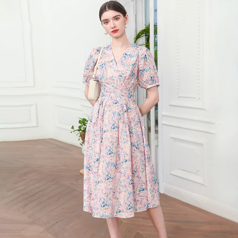 

High sense dress women's new summer French cotton temperament floral retro umbrella skirt