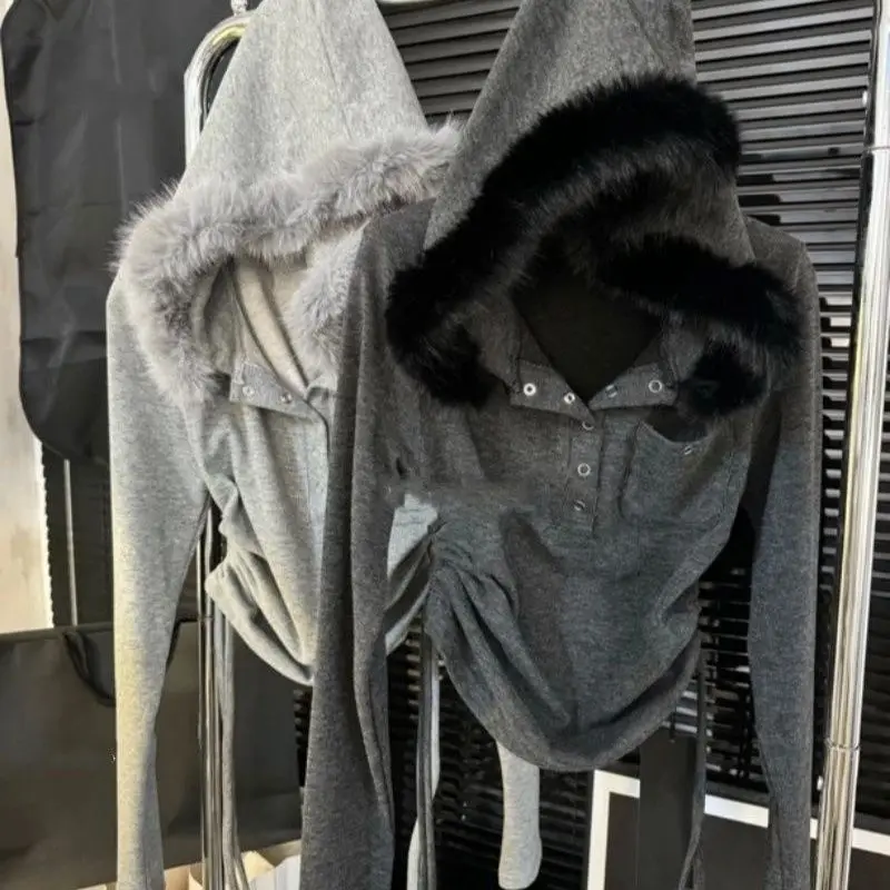 한국 패션 스웨터 하라주쿠 고딕 프린트 코트 자켓 서브 문화 빈티지 인조 모피 후드 여성 캐주얼 Y2k 의류 - AliExpress