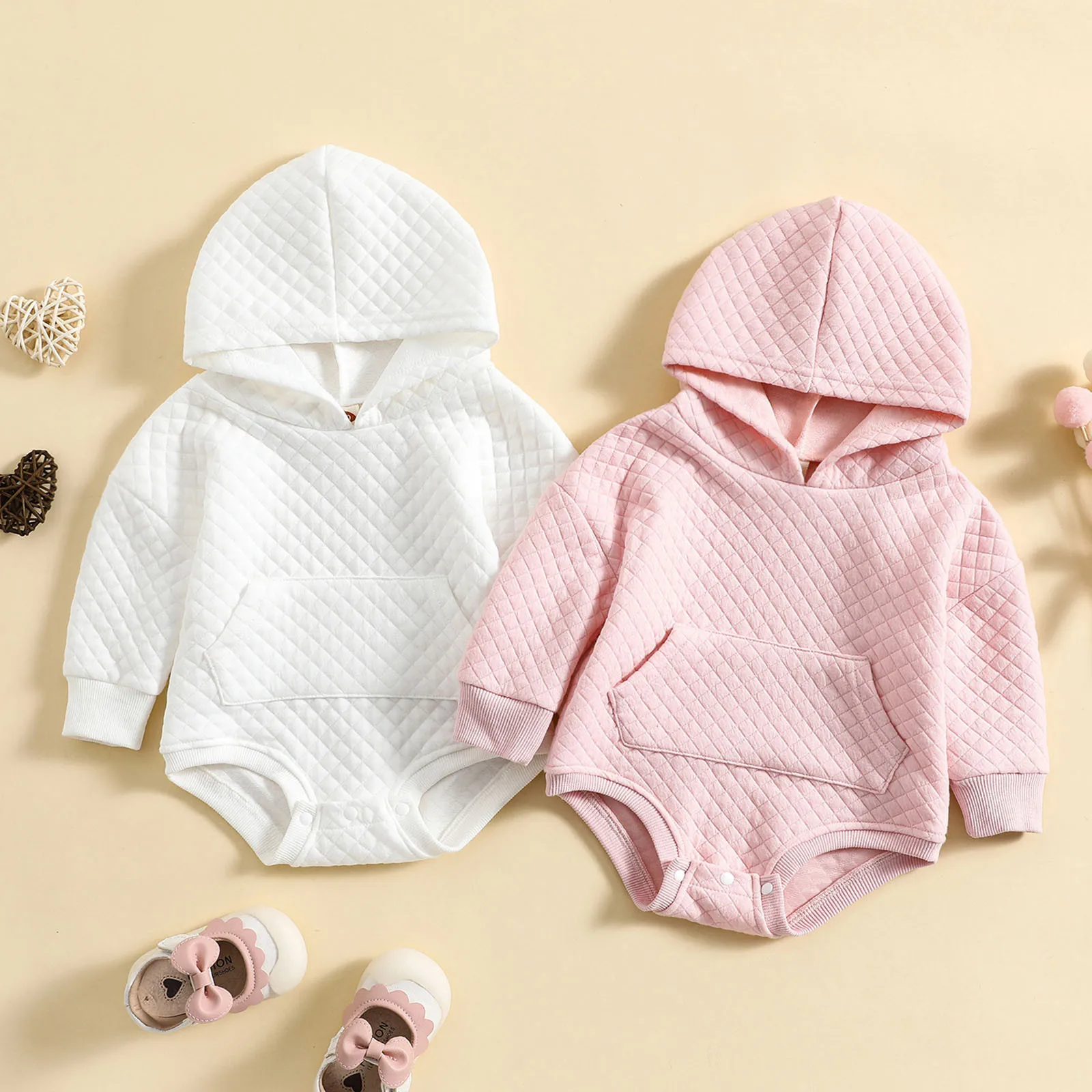 

Baby Hooded Romper Infant Boys Girls Long Sleeve Soild Color Pullover Romper With Pocket Newborn Sweatshirt Casual Bodysuits