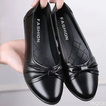 Low heeled light mom Shoes Waterproof Bow Flats Soft soled comfort Women's shoe Casual non slip leather shoes Zapatos Mujer 1