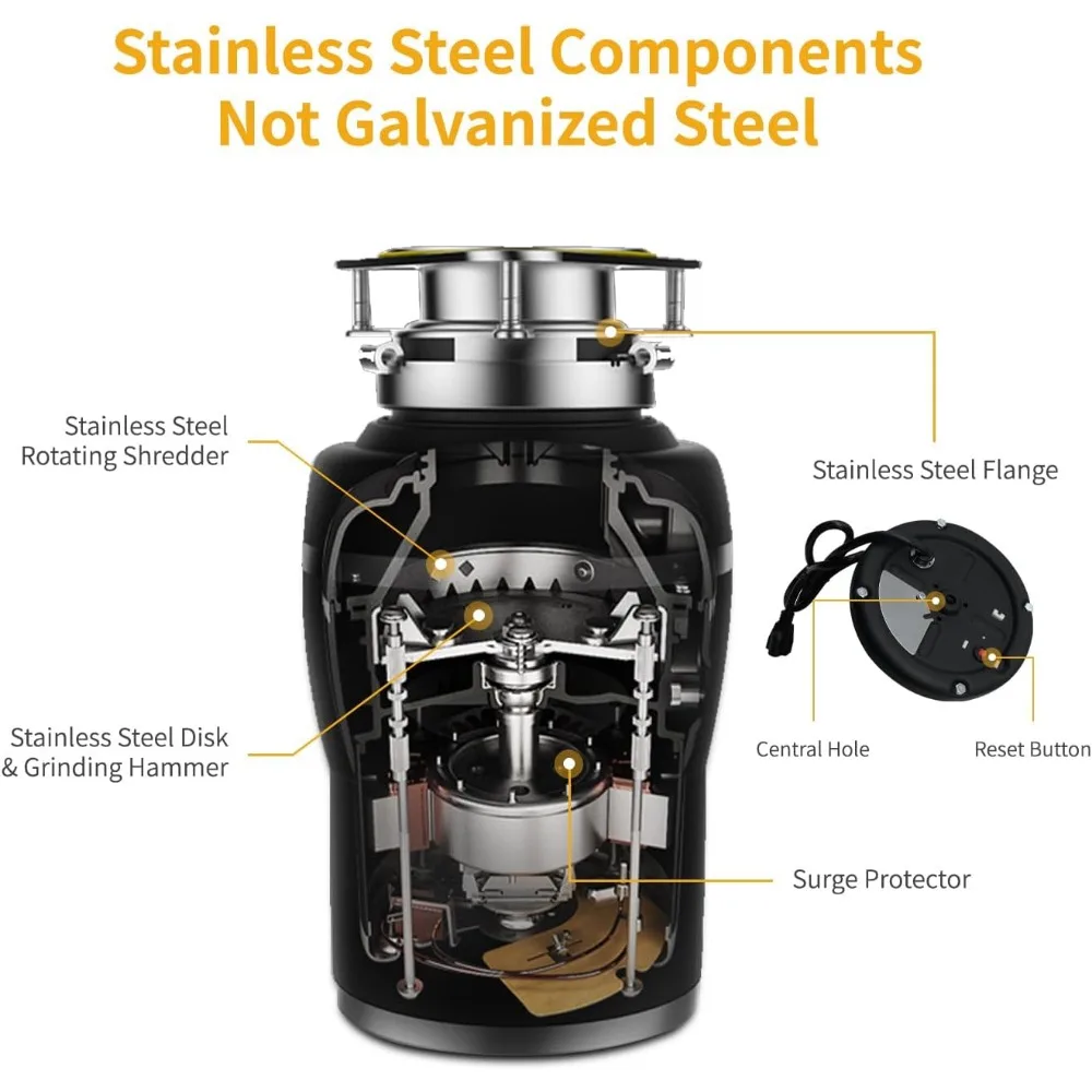 Garbage Disposal 1/2 HP Easy Install Quiet with Stopper Power Cord, Kitchen Sink Food Waste Disposer Continuous Feed