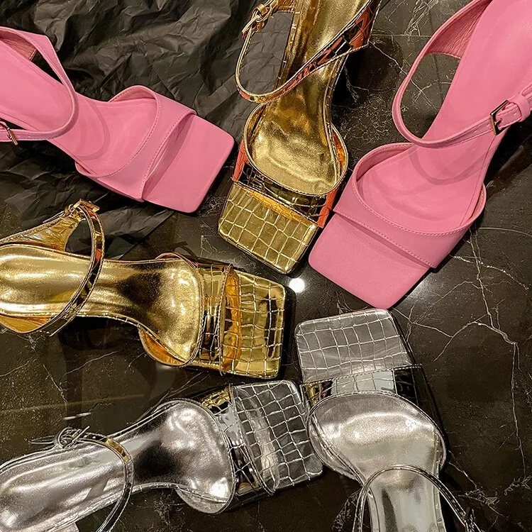 

Gold Leather Chic Women Slippers Square Open Toe Silver Summer Beach Shoes Pink Narrow Band High Heels Slides Chaussure Femmes
