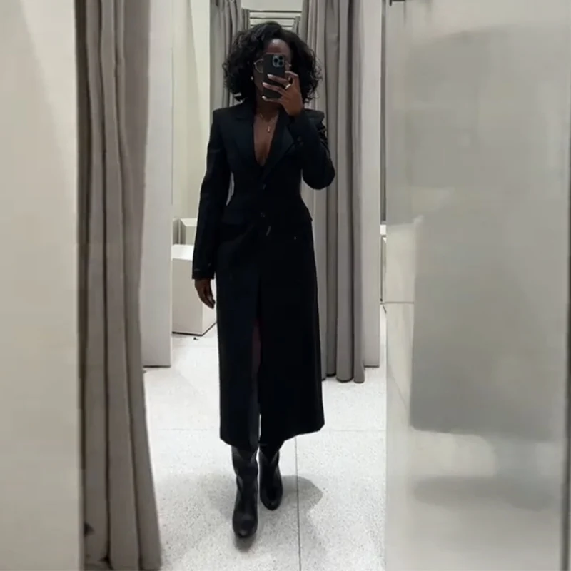 Vintage Lapel Black Long Overcoat Women Slim High Waist Full Sleeve Single Breasted Shoulder Pad Coat New Spring Commute Outwear