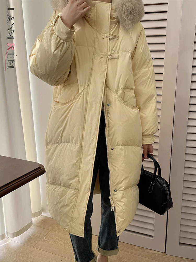 

[LANMREM] Hooded Faux Fur Down Jackets Long For Women Solid Single Breasted Thick Warm Female Outwear 2023 Winter New 26D7561
