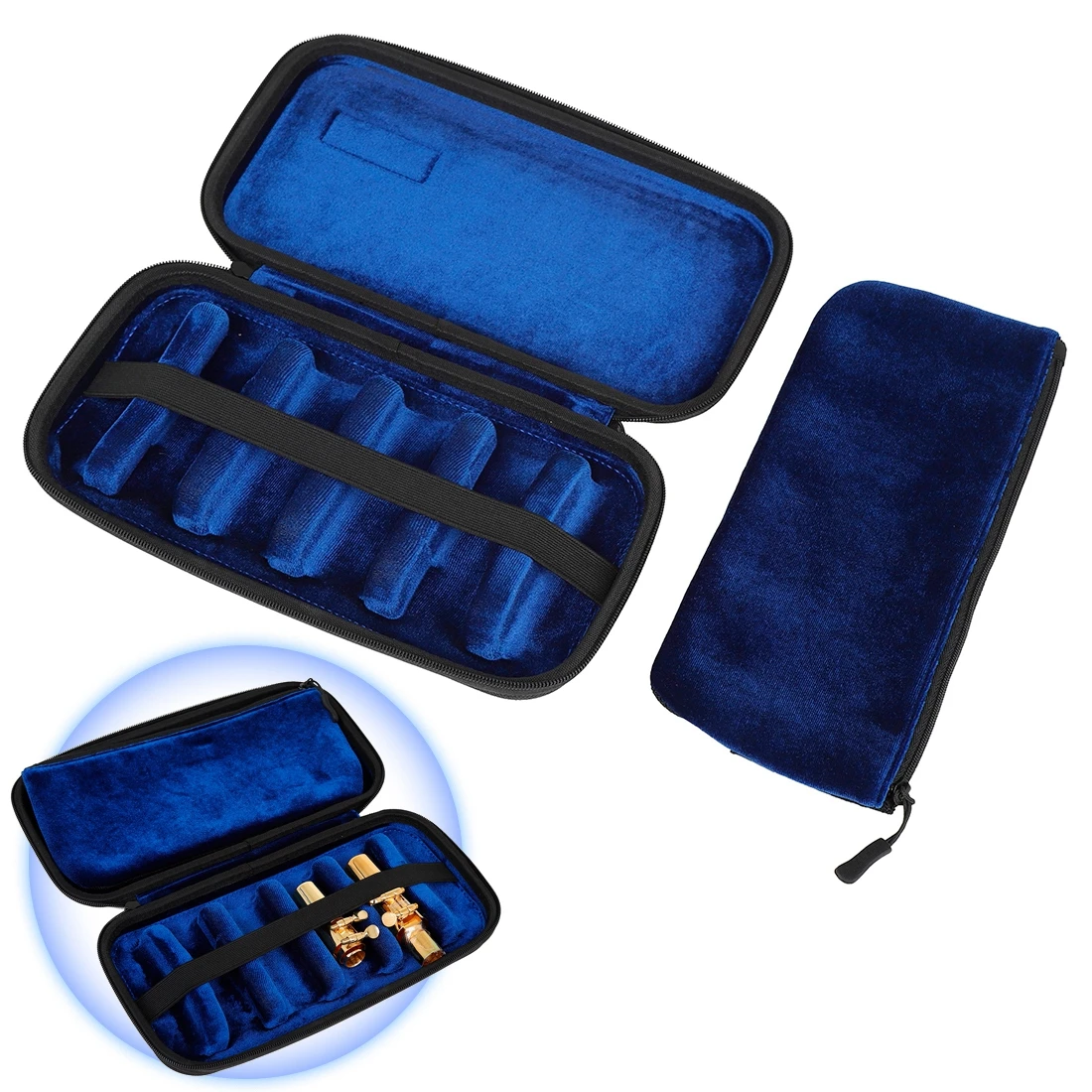 

6 Slots Saxophone Mouthpiece Storage Case Box with Flannel Liner Portable Sax Accessories with a tightening strap