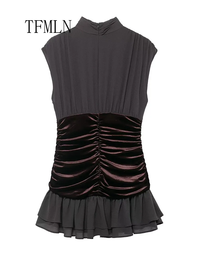 Elegant Women Velvet Patchwork Layered Decorated Midi Dress 2026 Spring Sweet Girls Sleeveless Slim Causal Pleated Dresses