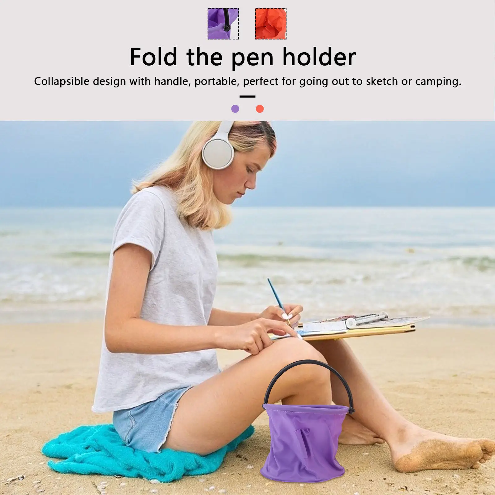 2Pcs 워시 펜 버킷 접이식 플라스틱 브러시 세척 버킷 오렌지 퍼플 휴대용 아티스트 브러시 분지 그림 그리기 야외 여행용