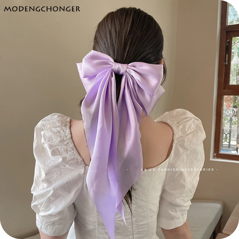 여자를위한 패션 여름 특대 자용 활 클립 여자 쉬폰 머리핀 긴 새틴 리본 보라색 큰 Bowknot 헤어 액세서리