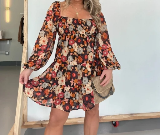 2024 New Medium Length Skirt Spring Summer Casual Style Mid Waist Long Sleeved Printed One Line Collar Casual Dress for Women