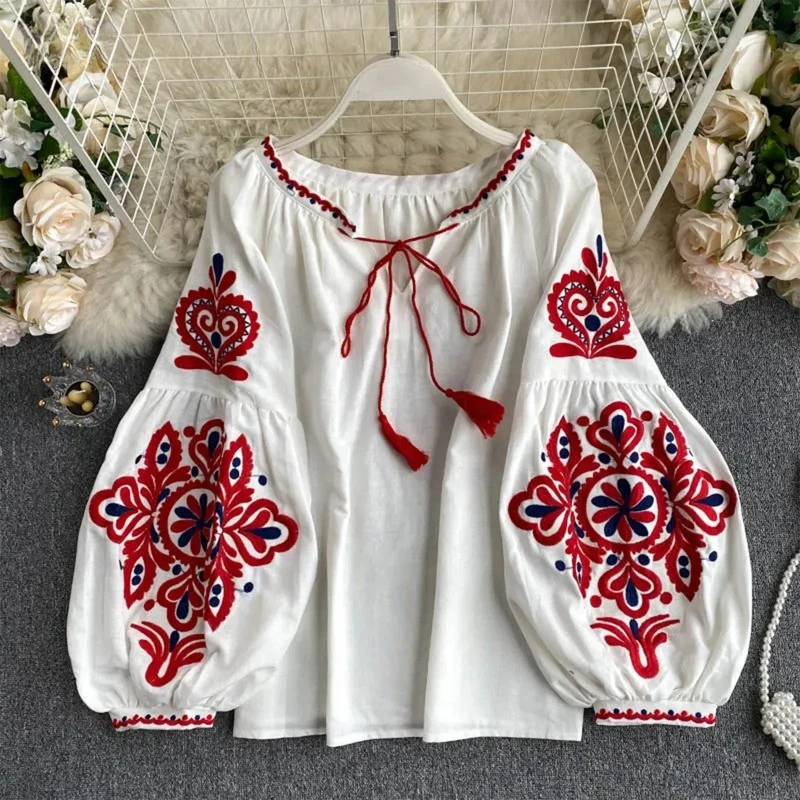 

Women's Retro Blouse National Style Embroidered Lace-Up Tassel V-Neck Lantern Sleeve Tops Loose All-Match Female Blusa