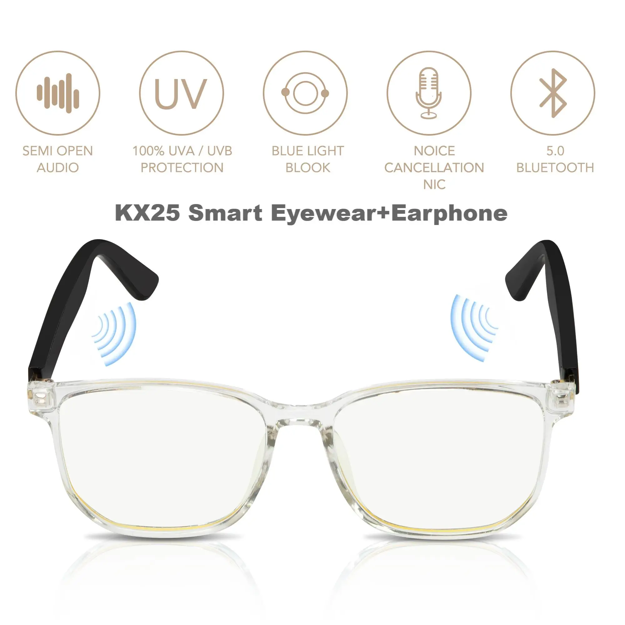 

KX25 Smart Eyewear&Earphone HD Bluetooth Calls Noise Reduction 3D Surround HIFI Sound Quality IPX4 Waterproof Anti-blue Light
