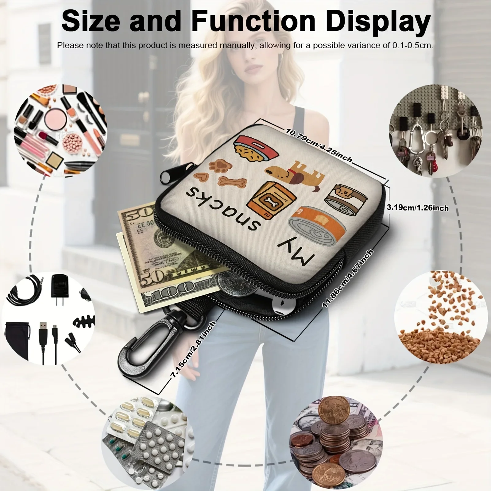 1pc Dog Print Dog Treat Bag with Hook and Zipper - Pet Training Set, Puppy Pet Training Walking Bag, Dog Training Accessories